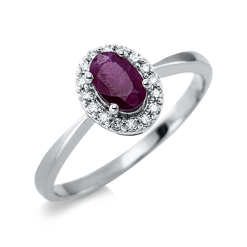 Ring 4er-Krappe 18 kt WG. 16 Brillanten 0.09 ct. TW-si. 1 Rubin 0.68 ct rot. Weite:54