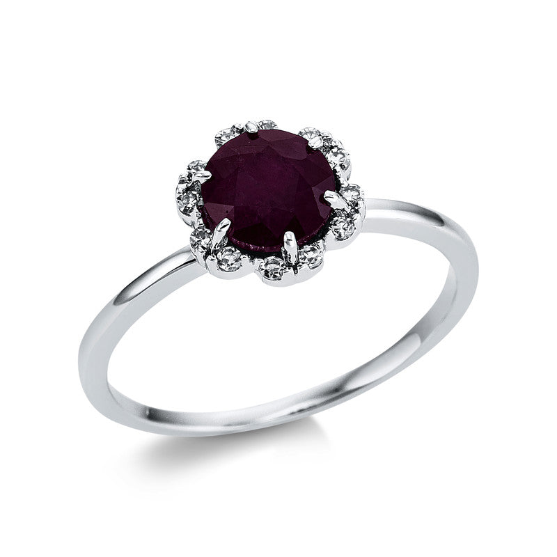 Ring 6er-Krappe 18 kt WG. 12 Brillanten 0.09 ct. TW-si. 1 Rubin 1.42 ct rot. Weite:54