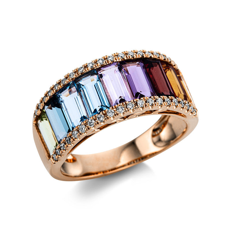 Ring 18 kt RG, 40 Brill. 0,21 ct, TW-si, 9 Farbsteine 3,60 ct multicolor