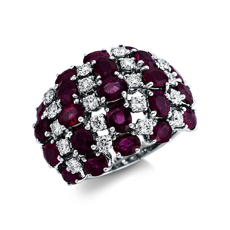 Ring 18 kt WG, 20 Brill. 1,19 ct, TW-vsi, 23 Rubine 7,99 ct rot