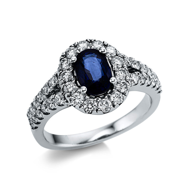 Ring 4er-Krappe 18 kt WG. 38 Brillanten 0.91 ct. TW-si. 1 Saphir 1.49 ct blau. Weite:54