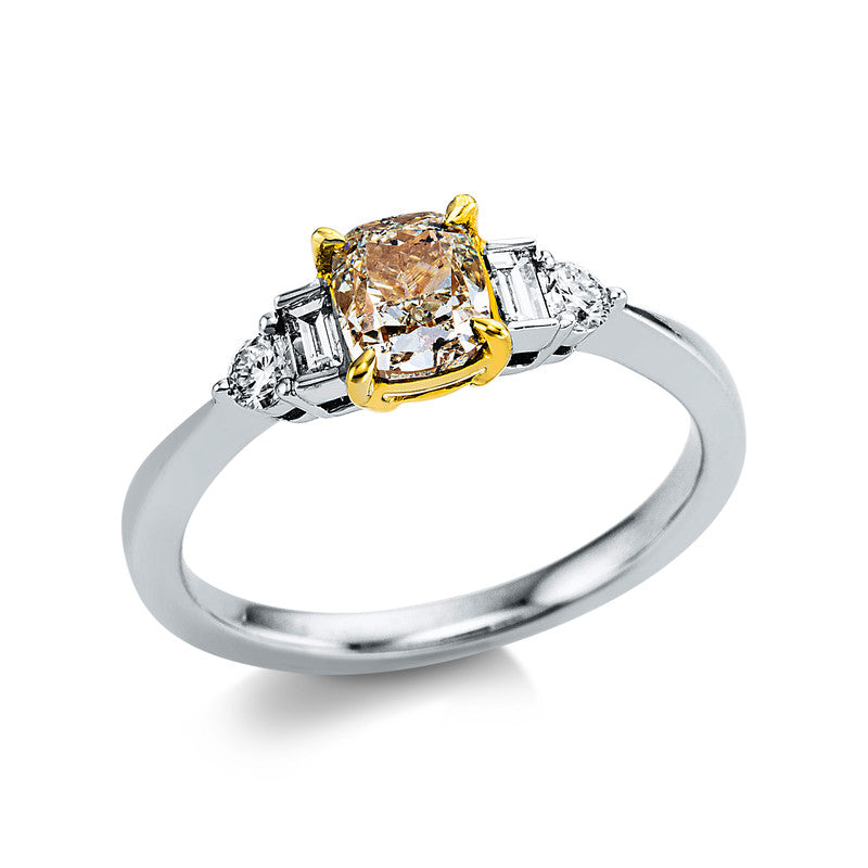 Ring 4er-Krappe 18 kt WG+GG. 2 Baguette 0.16 ct. TW-si. 2 Brillanten 0.15 ct. TW-si. 1 Cushion 1.01 ct. gelb. Weite:54