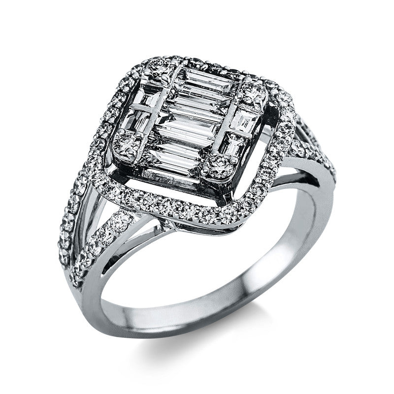 Ring 18 kt WG, 9 Bag. 0,58 ct, TW-vsi/si, 58 Brill. 0,63 ct, TW-vsi/si