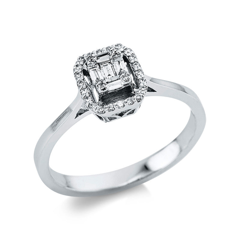 Ring 14 kt WG, 5 Bag. 0,09 ct, TW-vsi/si, 27 Brill. 0,06 ct, TW-vsi/si