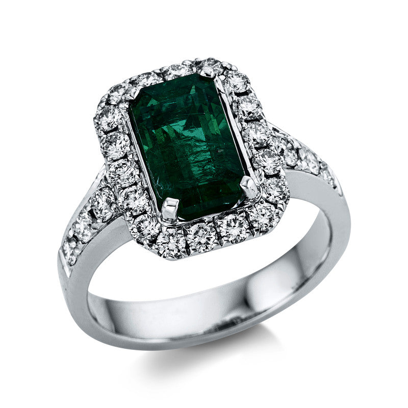 Ring 4er-Krappe 18 kt WG. 24 Brillanten 0.92 ct. TW-si. 1 Smaragd 2.79 ct grün. Weite:54