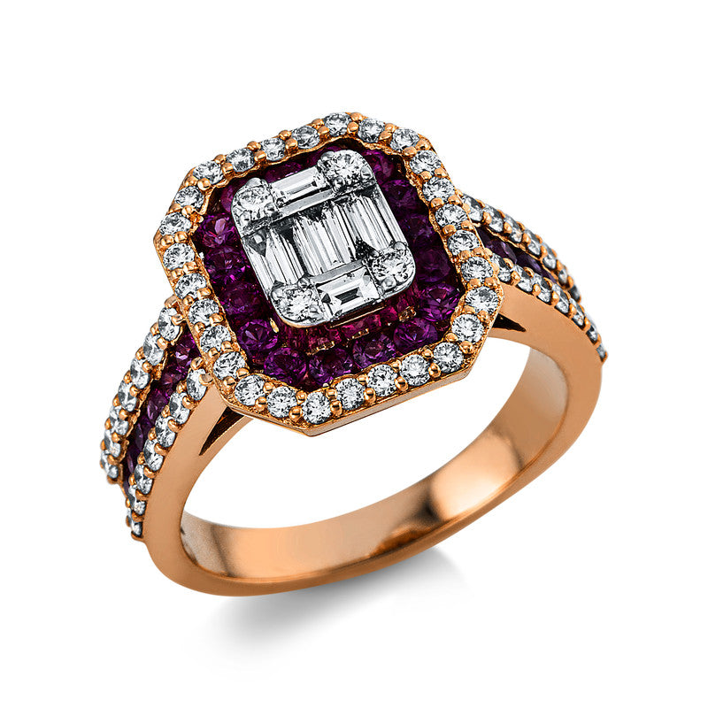 Ring 18 kt RG, 7 Bag. 0,18 ct, TW-vsi/si, 58 Brill. 0,60 ct, TW-vsi/si, 28 Rubine 0,76 ct rot