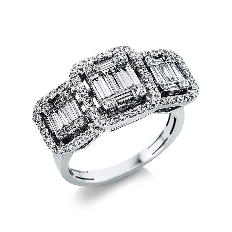 Ring 18 kt WG, 6 Bag. 0,09 ct, TW-vsi/si, 3 Bag. 0,44 ct, TW-vsi/si, 8 Trap. 0,22 ct, TW-vsi/si, 68 Brill. 0,50 ct, TW-vsi/si