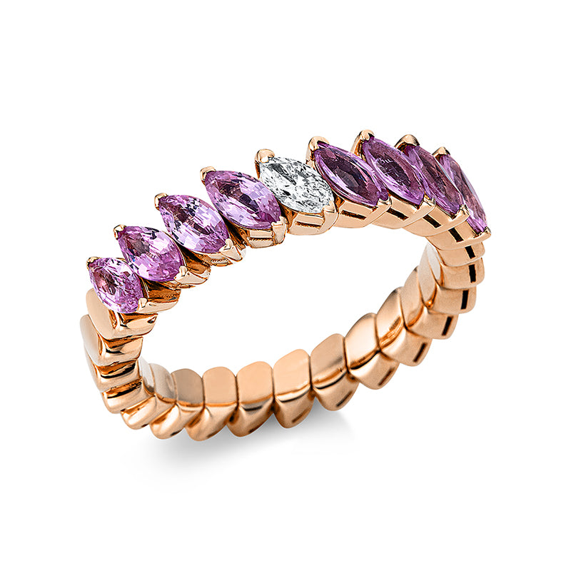 Ring 18 kt RG, Flex-Band, variabel, 1 Nav. 0,14 ct, TW-si, 10 Saphire 1,36 ct pink
