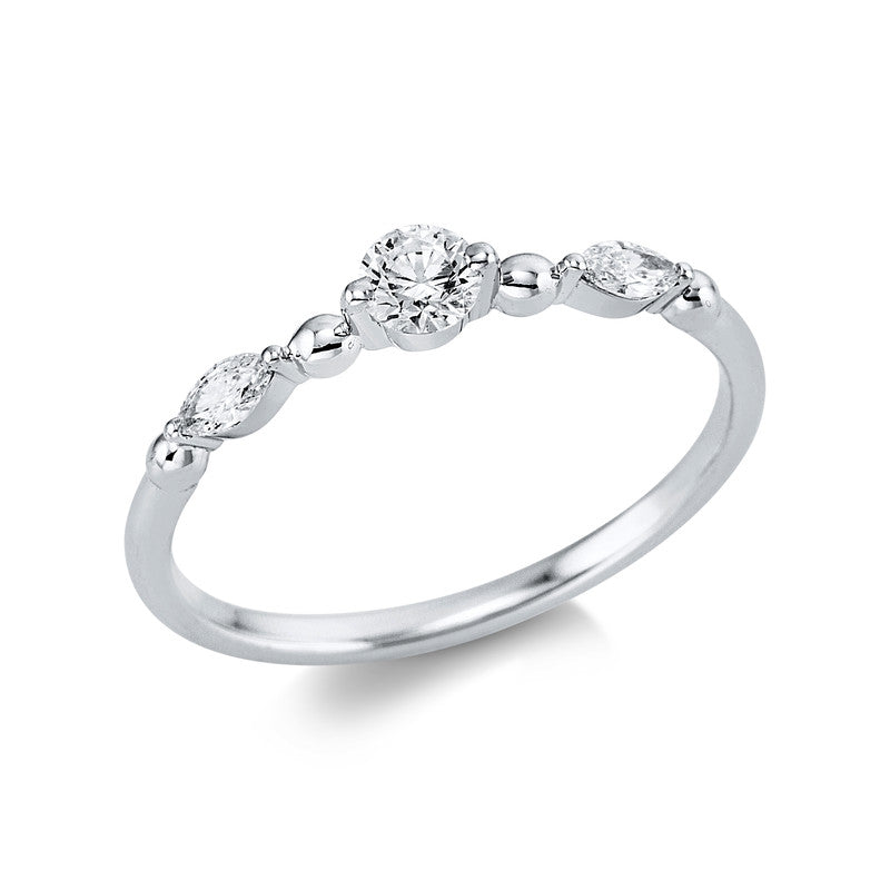 Ring 18 kt WG. 2 Navette 0.14 ct. F-si. 1 Brill. 0.19 ct. TW-si. H:3.4 mm. Weite:54