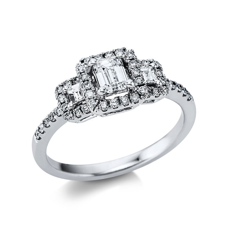 Ring 18 kt WG, 2 Bag. 0,10 ct, TW-si, 44 Brill. 0,29 ct, TW-si, 1 Sm.schliff 0,39 ct, TW-si