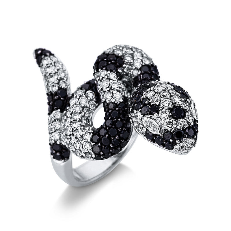 Ring 18 kt WG Schlange. Fassung teils schwarz rhodinie. 112 Brillanten 2.43 ct. TW-vsi/si. 2 Navette 0.06 ct. TW-vsi/si. 127 Brillanten 2.69 ct. schwarz. Weite:54