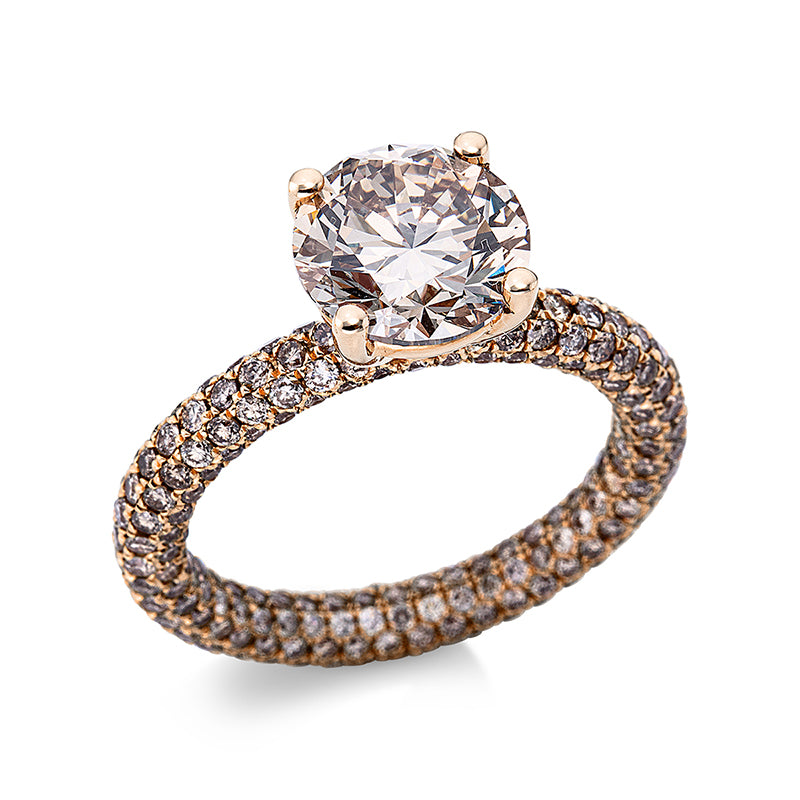 Ring 4er-Krappe 18 kt RG. 1 Brill. 2.53 ct. braun. 308 Brillanten 2.35 ct. braun. Weite:52
