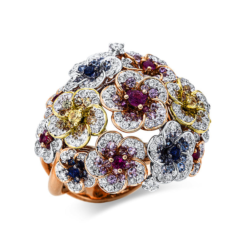 Ring 18 kt WG+GG+RG, Fassung teils schwarz rhodinie, 167 Brill. 0,88 ct, TW-vsi, 96 Saphire 0,96 ct multicolor