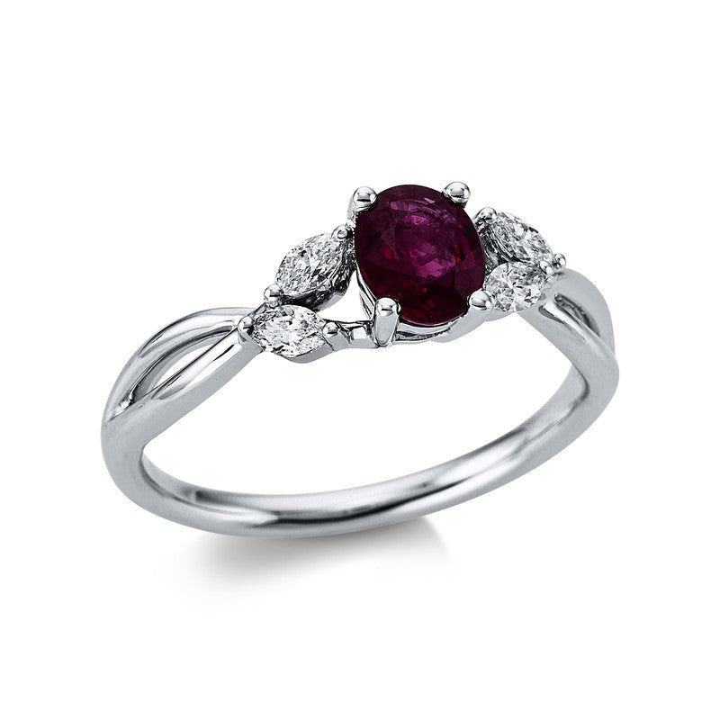 Ring 18 kt WG, 4 Nav. 0,22 ct, TW-vsi, 1 Rubin 0,77 ct rot