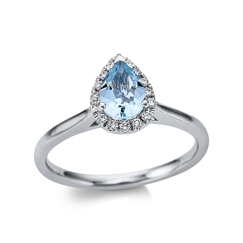 Ring 3er-Krappe 18 kt WG. 16 Brillanten 0.11 ct. TW-si. 1 Aquamarin 0.47 ct blau. Weite:53
