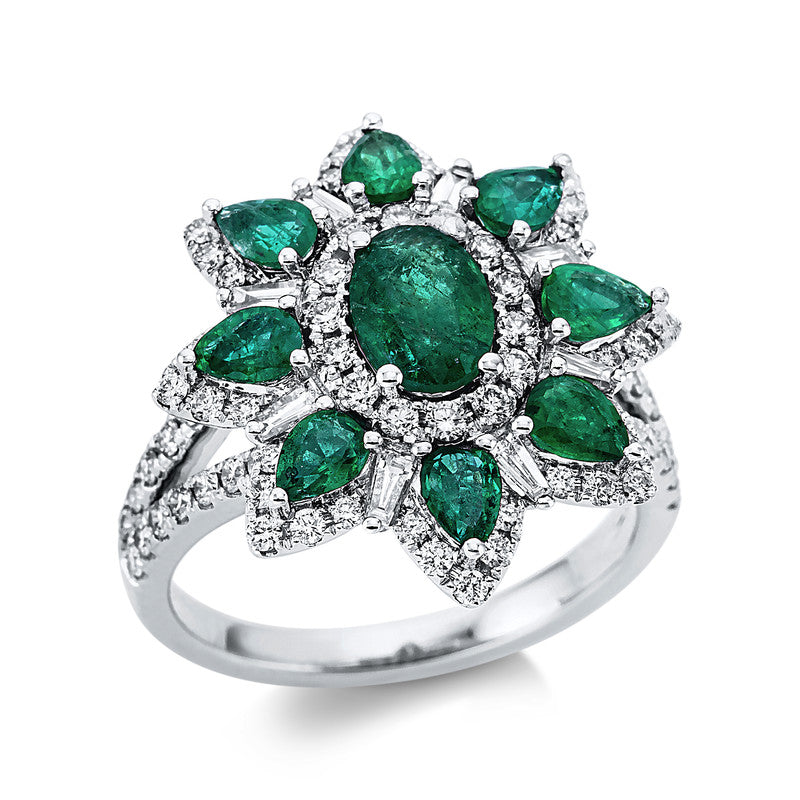 Ring 18 kt WG. 8 Trapeze 0.23 ct. TW-si. 82 Brillanten 0.80 ct. TW-si. 9 Smaragde 2.05 ct grün. Weite:54