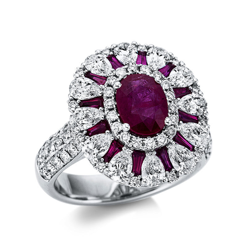 Ring 18 kt WG. 12 Tropfen 1.62 ct. TW-si. 66 Brillanten 0.77 ct. TW-si. 1 Rubin 1.31 ct rot. 12 Rubine 0.60 ct rot. Weite:54
