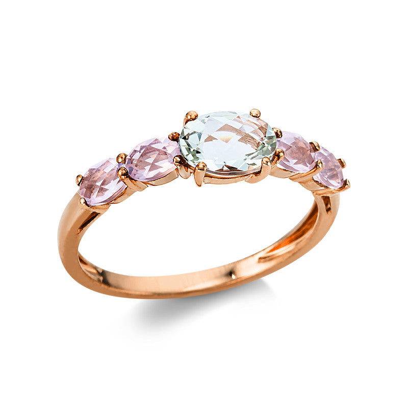 Ring 18 kt RG, 1 Amethyst 0,70 ct grün, 4 Rosenquarz 0,70 ct