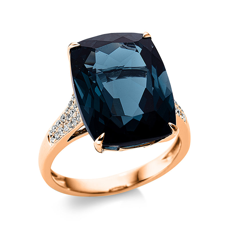 Ring 18 kt RG, 34 Brill. 0,19 ct, TW-si, 1 Topas 10,80 ct Lond. blue