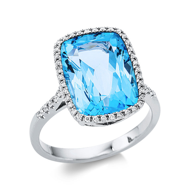 Ring 18 kt WG, 50 Brill. 0,20 ct, TW-si, 1 Blautopas 8,90 ct blau
