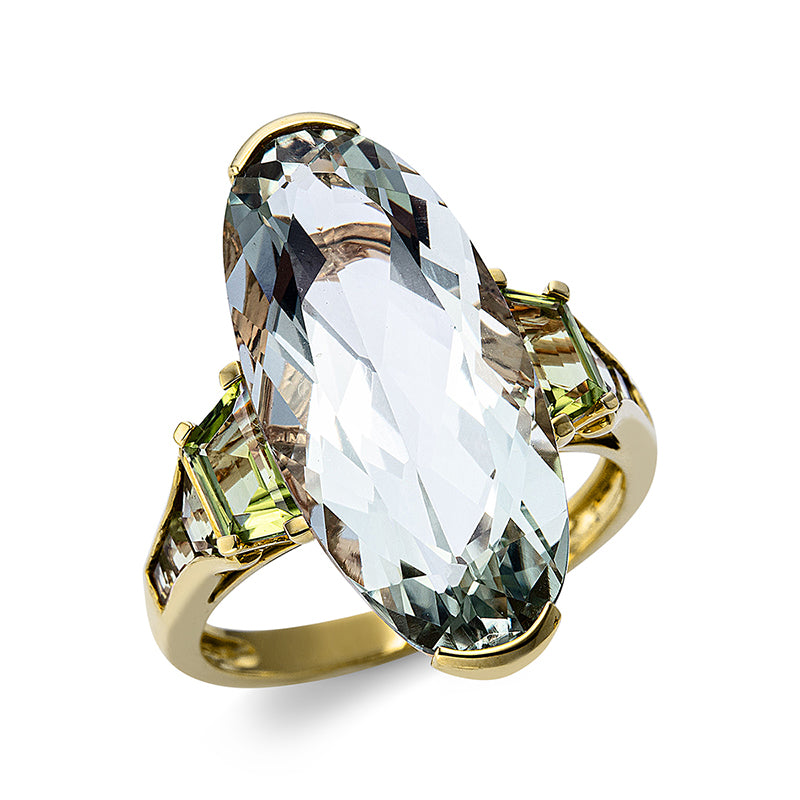 Ring 18 kt GG, 8 Peridot 1,80 ct grün, 1 Amethyst 9,80 ct grün