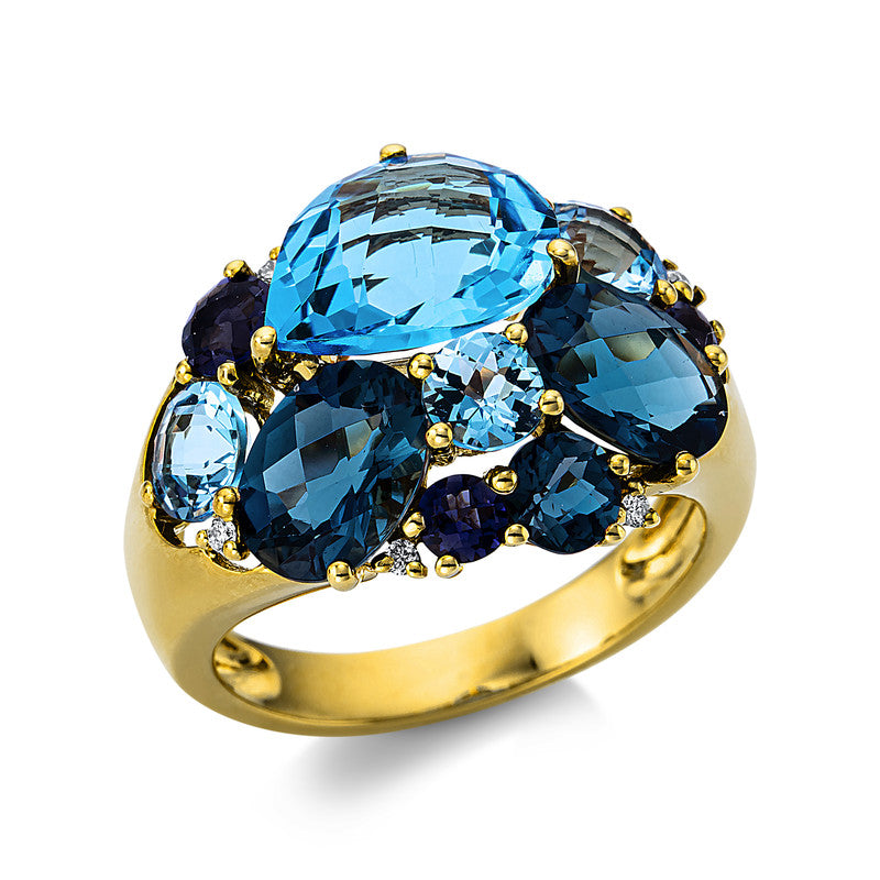 Ring 18 kt GG, 6 Brill. 0,05 ct, TW-si, 3 Topase 2,80 ct Lond. blue, 3 Iolith 0,50 ct blau, 4 Topase 4,90 ct Swiss blue