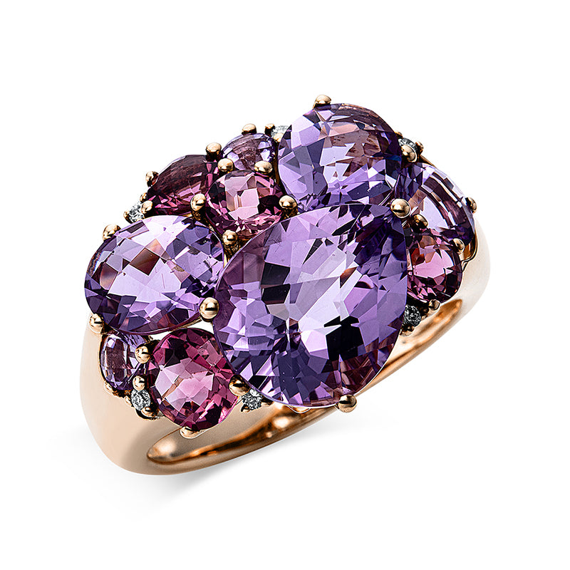 Ring 18 kt RG, 6 Brill. 0,05 ct, TW-si, 4 Turmalin 1,10 ct pink, 6 Amethyste 5,70 ct lila