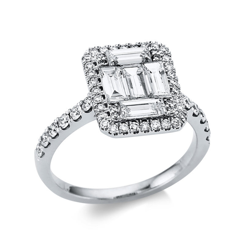 Ring 18 kt WG, 5 Bag. 0,91 ct, TW-si, 52 Brill. 0,50 ct, TW-si