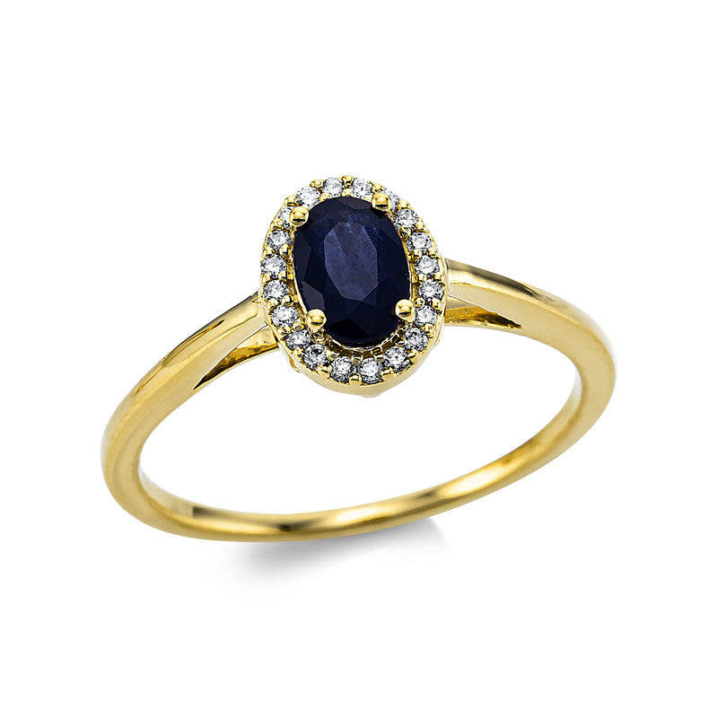 Ring 18 kt GG. 20 Brillanten 0.08 ct. TW-si. 1 Saphir 0.55 ct blau. H:8.5 mm. B:7.0 mm. Weite:54
