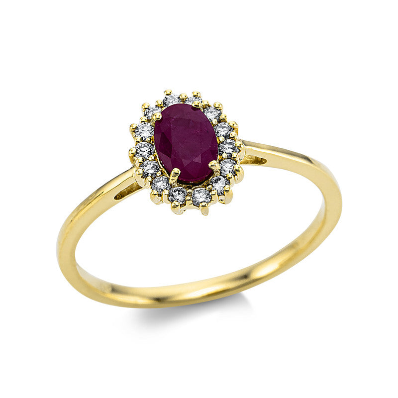 Ring 4er-Krappe 18 kt GG. 14 Brillanten 0.14 ct. TW-si. 1 Rubin 0.60 ct rot. Weite:54