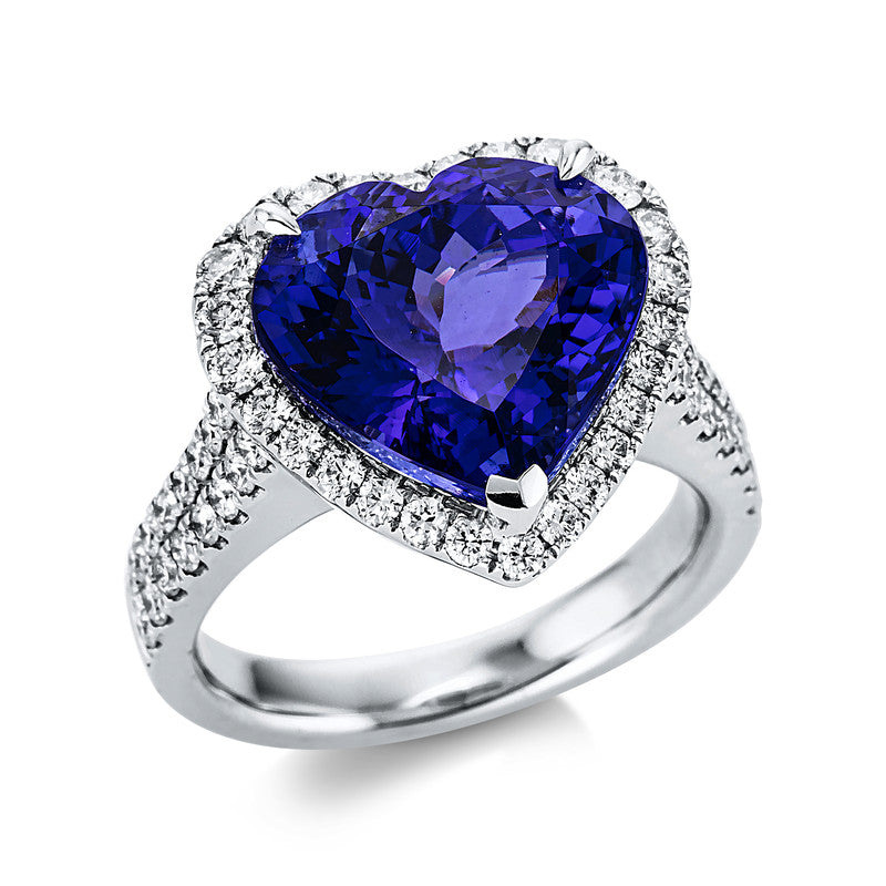 Ring 3er-Krappe 18 kt WG Herz. 58 Brillanten 0.99 ct. TW-si. 1 Tansanit 10.08 ct blau. Weite:54