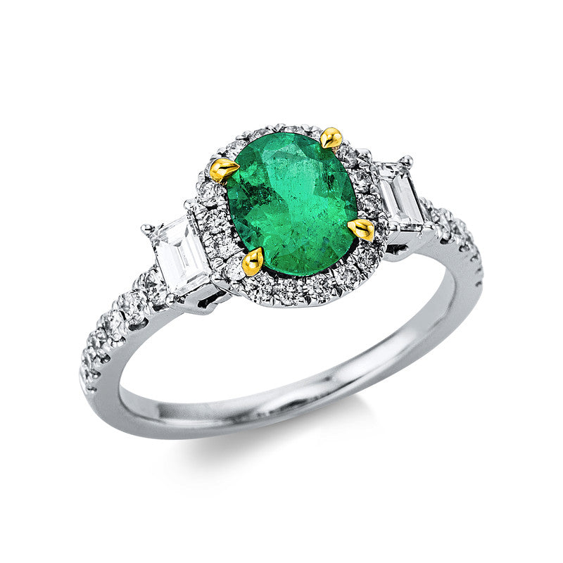 Ring 4er-Krappe 18 kt WG+GG. 2 Baguette 0.32 ct. TW-si. 30 Brillanten 0.40 ct. TW-si. 1 Smaragd 1.00 ct grün. Weite:54