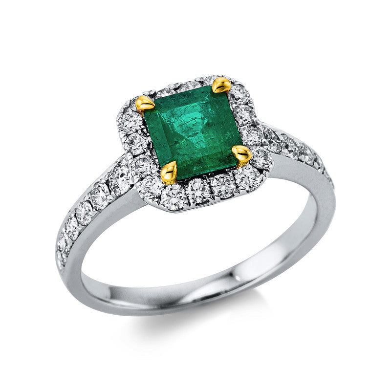 Ring 4er-Krappe 18 kt WG+GG. 28 Brillanten 0.68 ct. TW-si. 1 Smaragd 1.08 ct grün. Weite:54