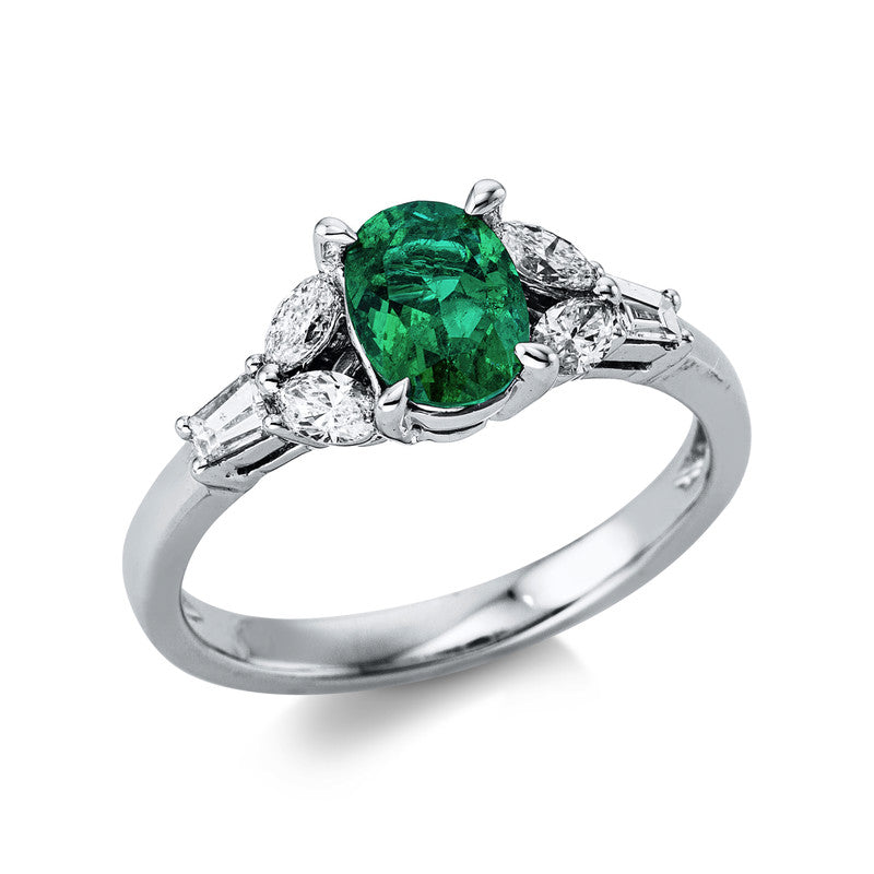 Ring 4er-Krappe 14 kt WG. 2 Baguette 0.16 ct. TW-si. 4 Navette 0.35 ct. TW-si. 1 Smaragd 0.94 ct grün. Weite:54