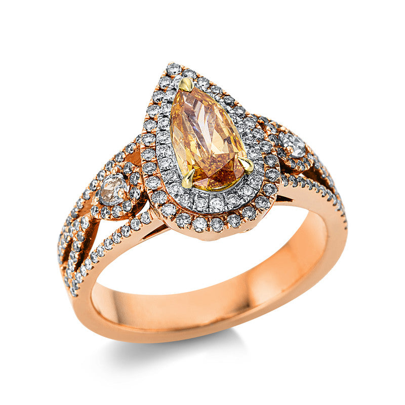Ring 18 kt WGR, 1 Tro 0,82ct, ge, 23 Br. 0,09ct, TW-si, 124 Br. 0,49ct+2 Br. 0,13ct, pink