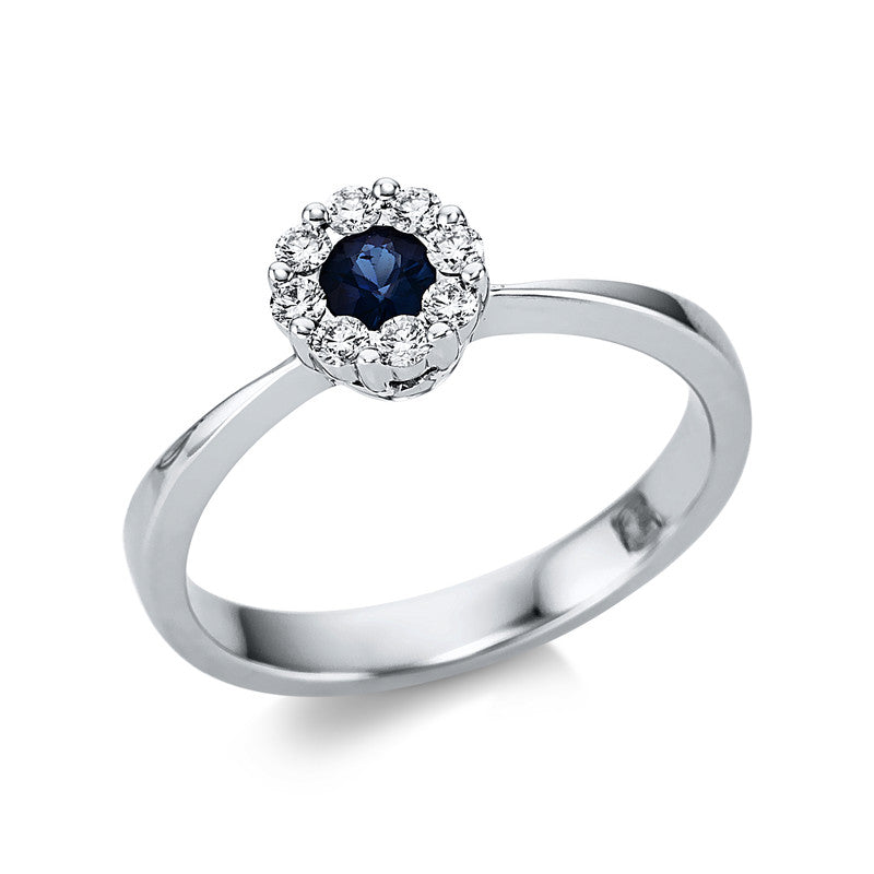 Ring 18 kt WG. 8 Brillanten 0.16 ct. TW-vsi/si. 1 Saphir 0.19 ct blau. Weite:53