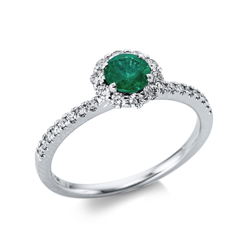 Ring 18 kt WG, 26 Brill. 0,32 ct, TW-si, 1 Smaragd 0,46 ct grün