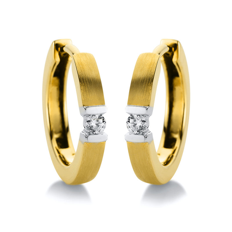Creolen 14 kt GG+WG. mattiert + poliert. 2 Brill. 0.06 ct. TW-si. S:2.3 mm. Ø:13.1 mm