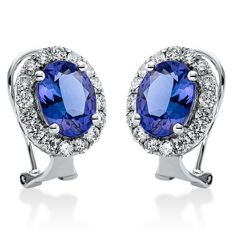 Ohrschmuck 4er-Krappe 14 kt WG. 32 Brillanten 0.96 ct. TW-si. 2 Tansanit 3.70 ct blau. H:12.9 mm. B:10.8 mm