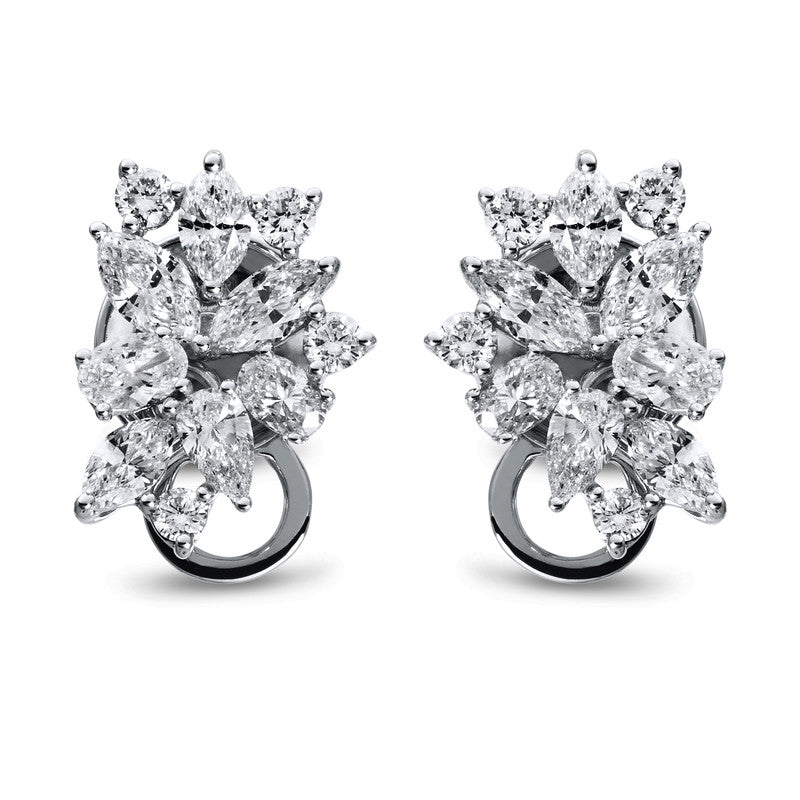 Ohrschmuck 18 kt WG, 2 Tropfen 0,30 ct, TW-vsi/si, 8 Brill. 0,38 ct, TW-vsi/si, 4 Oval 0,59 ct, TW-vsi/si, 8 Nav. 1,24 ct, TW-vsi/si