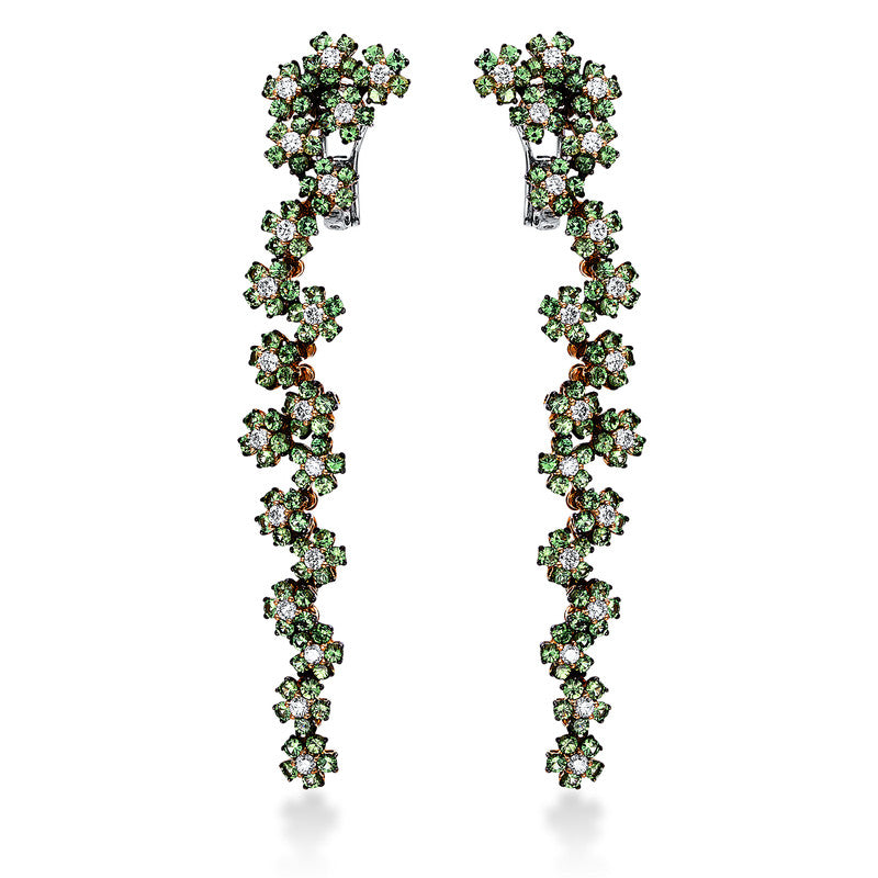 Ohrschmuck 18 kt RG+WG. 38 Brillanten 1.87 ct. TW-vsi/si. 190 Tsavorith 8.44 ct grün