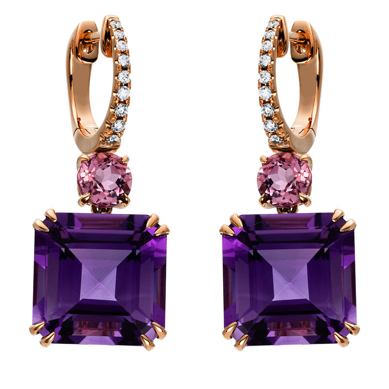 Ohrschmuck 18 kt RG, 18 Brill. 0,16 ct, TW-si, 2 Amethyste 17,30 ct lila, 2 Turmalin 1,10 ct pink