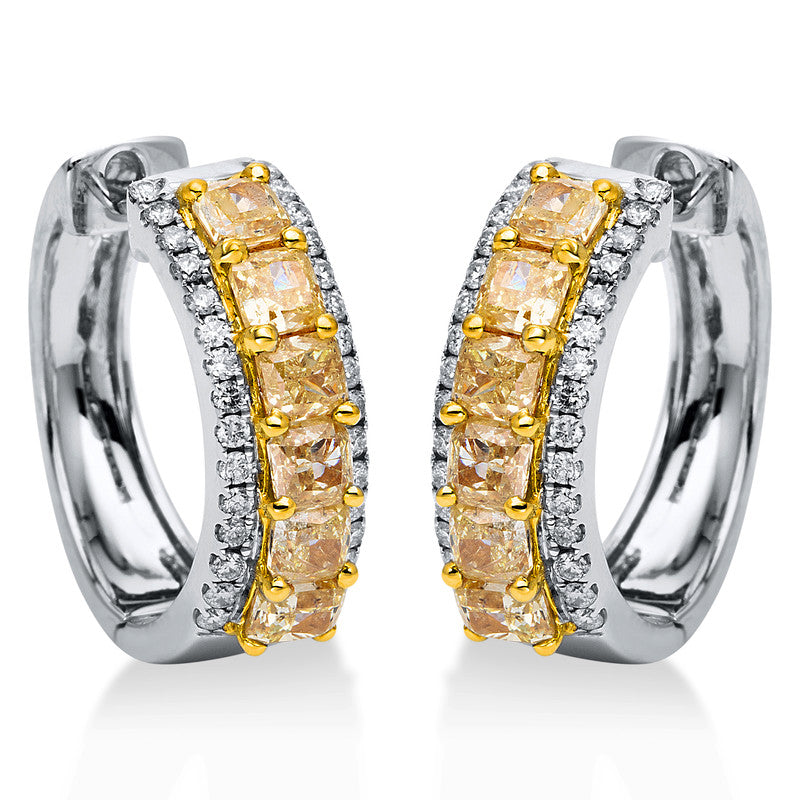 Creolen 18 kt WG+GG. 60 Brillanten 0.46 ct. TW-si. 12 Cushion 2.77 ct. gelb