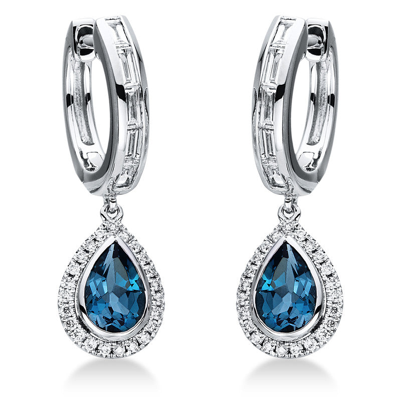 Ohrschmuck 18 kt WG, 10 Bag. 0,24 ct, TW-si, 46 Brill. 0,13 ct, TW-si, 2 Topase 1,04 ct Lond. blue