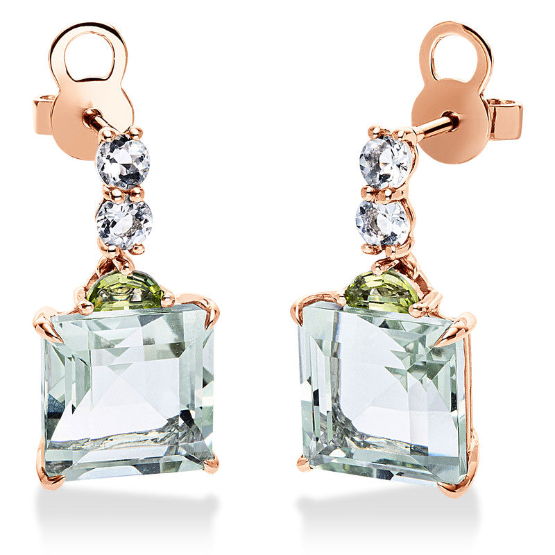 Ohrschmuck 18 kt RG, 2 Peridot 0,30 ct grün, 2 Amethyste 6,90 ct grün, 4 Amethyste 0,40 ct grün