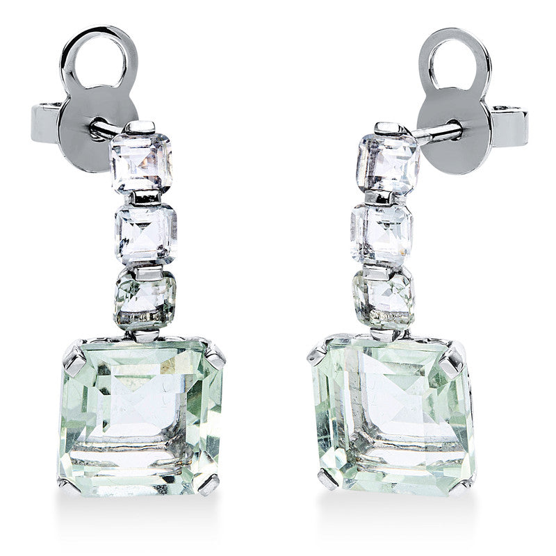 Ohrschmuck 18 kt WG, 2 Amethyste 5,10 ct grün, 6 Amethyste 0,90 ct grün