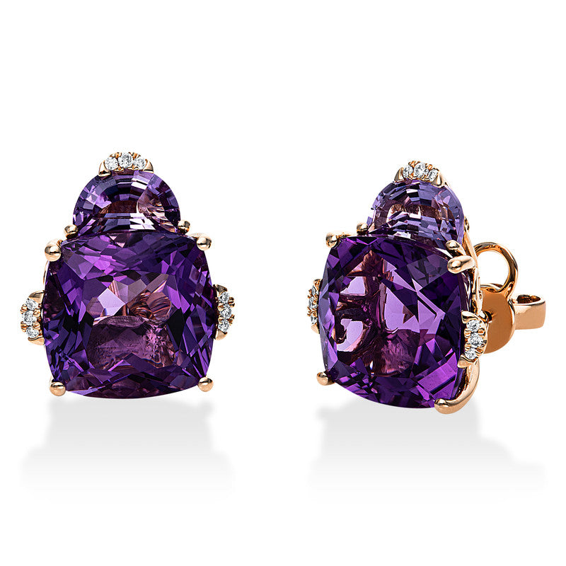 Ohrstecker 18 kt RG, 18 Brill. 0,07 ct, TW-si, 2 Amethyste 1,20 ct pink, 2 Amethyste 12,80 ct