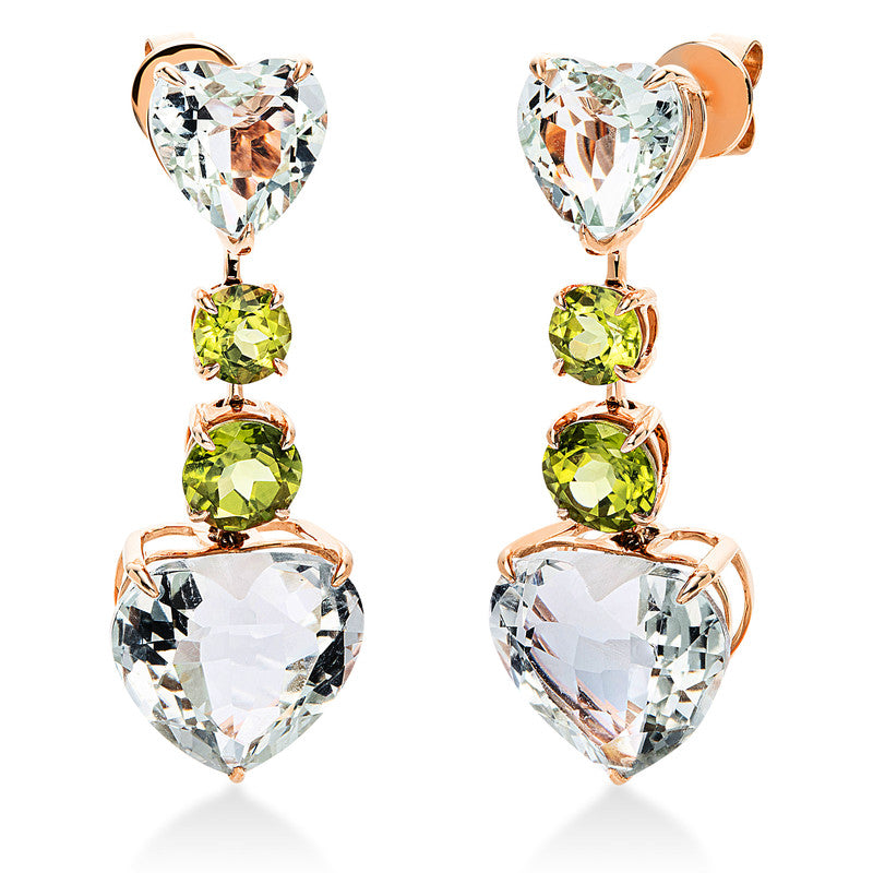 Ohrschmuck 18 kt RG, 2 Amethyste 5,00 ct grün, 4 Peridot 2,90 ct grün, 2 Amethyste 13,50 ct grün