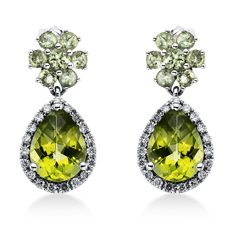 Ohrschmuck 18 kt WG, 36 Brill. 0,24 ct, I-si, 2 Peridot 2,21 ct grün, 14 Peridot 0,71 ct grün