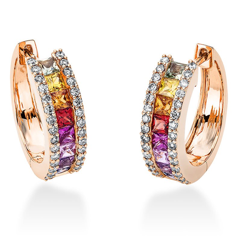Creolen 18 kt RG, 60 Brill. 0,41 ct, TW-si, 2 Rubine 0,15 ct rot, 14 Saphire 1,23 ct fancy